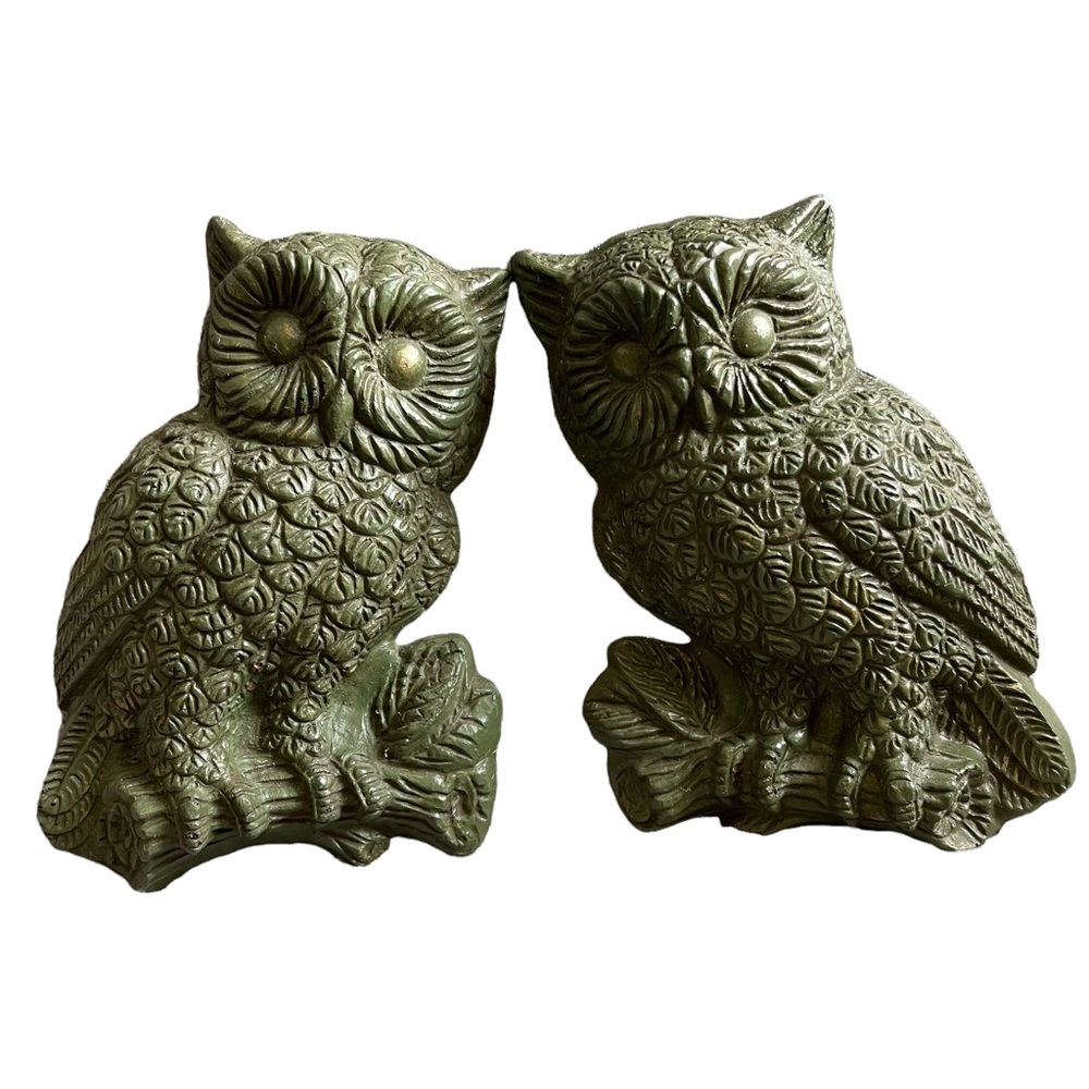 Vintage MCM Wood Owls Pair Wall Hanging Art Rustic Folk Decor Green Big Eyes